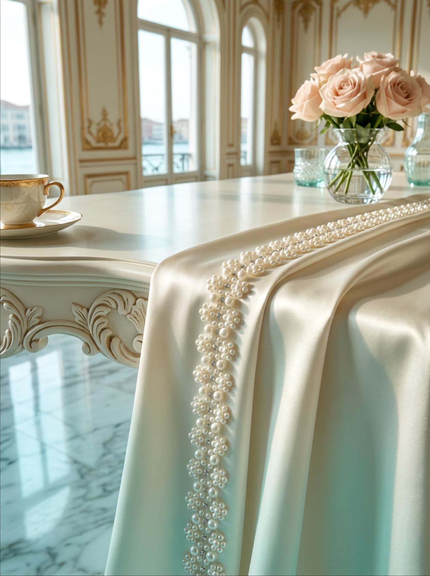 Ivory Pearl Floral Cluster Trim with Rhinestones – Self Adhesive or Sew - On Seam Allowance – Bridal Beaded Trim for Dress, Veil, Collar - Faraj Beading