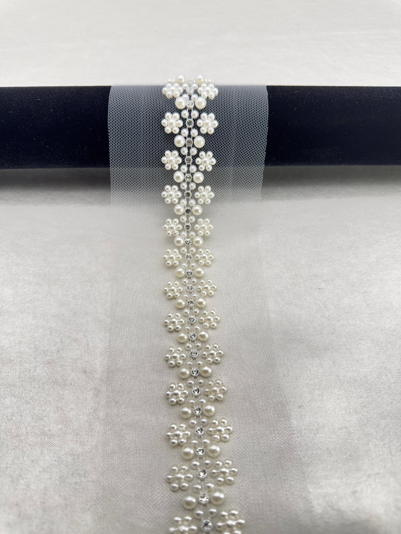 Ivory Pearl Floral Cluster Trim with Rhinestones – Self Adhesive or Sew - On Seam Allowance – Bridal Beaded Trim for Dress, Veil, Collar - Faraj Beading