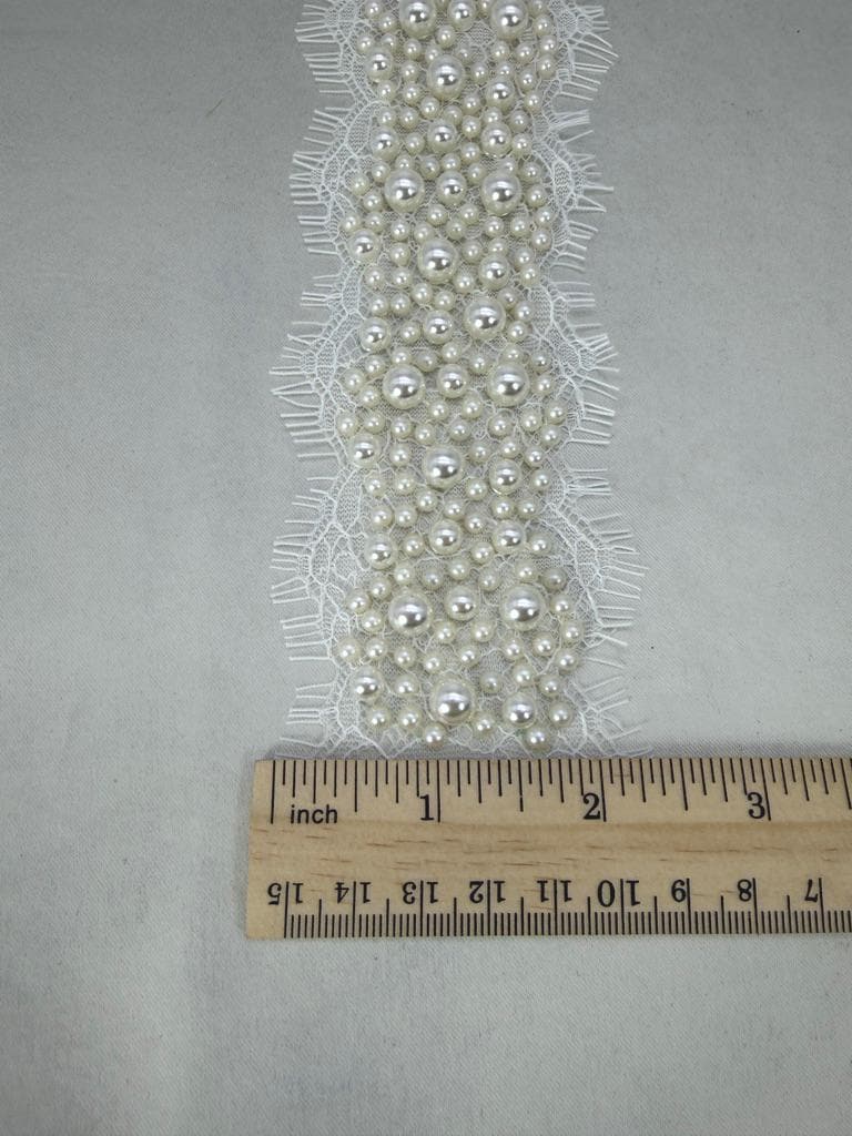 Ivory Pearl Lace Trim, Dense Pearl Embellished Trim, Bridal Lace Trim, Wedding Dress Trim, Couture Sewing or self Adhesive by the Yard - Faraj Beading