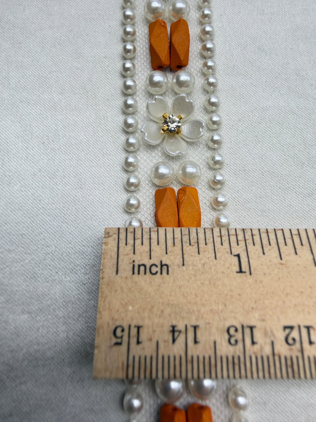 Ivory Pearl & Orange Beaded Trim with Floral Crystal – Self Adhesive or Sew - On Seam Allowance – Boho Trim for Dress, Collar, DIY, Cuffs - Faraj Beading