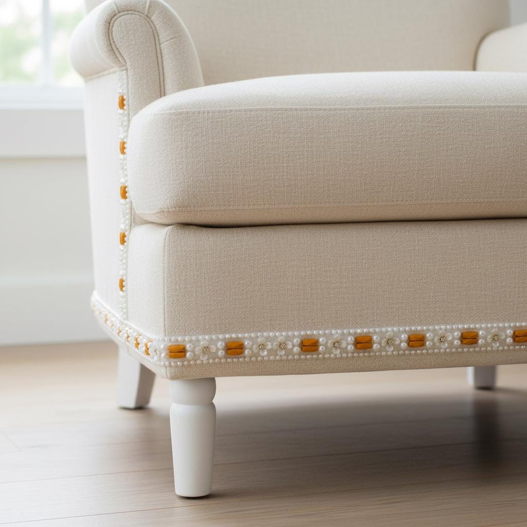 Ivory Pearl & Orange Beaded Trim with Floral Crystal – Self Adhesive or Sew - On Seam Allowance – Boho Trim for Dress, Collar, DIY, Cuffs - Faraj Beading