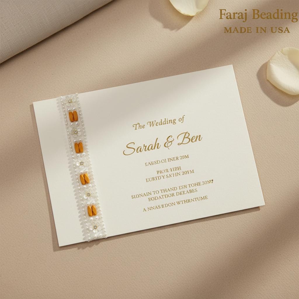 Ivory Pearl & Orange Beaded Trim with Floral Crystal – Self Adhesive or Sew - On Seam Allowance – Boho Trim for Dress, Collar, DIY, Cuffs - Faraj Beading