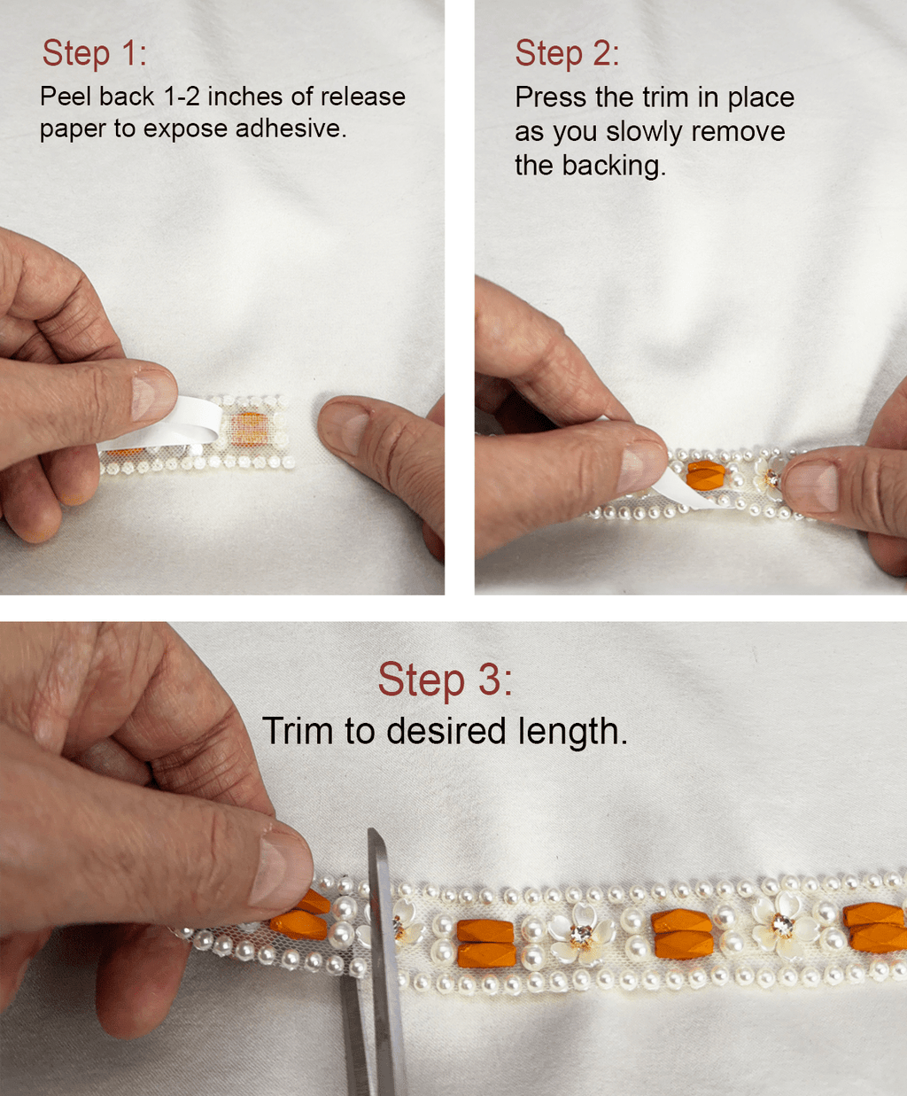 Ivory Pearl & Orange Beaded Trim with Floral Crystal – Self Adhesive or Sew - On Seam Allowance – Boho Trim for Dress, Collar, DIY, Cuffs - Faraj Beading
