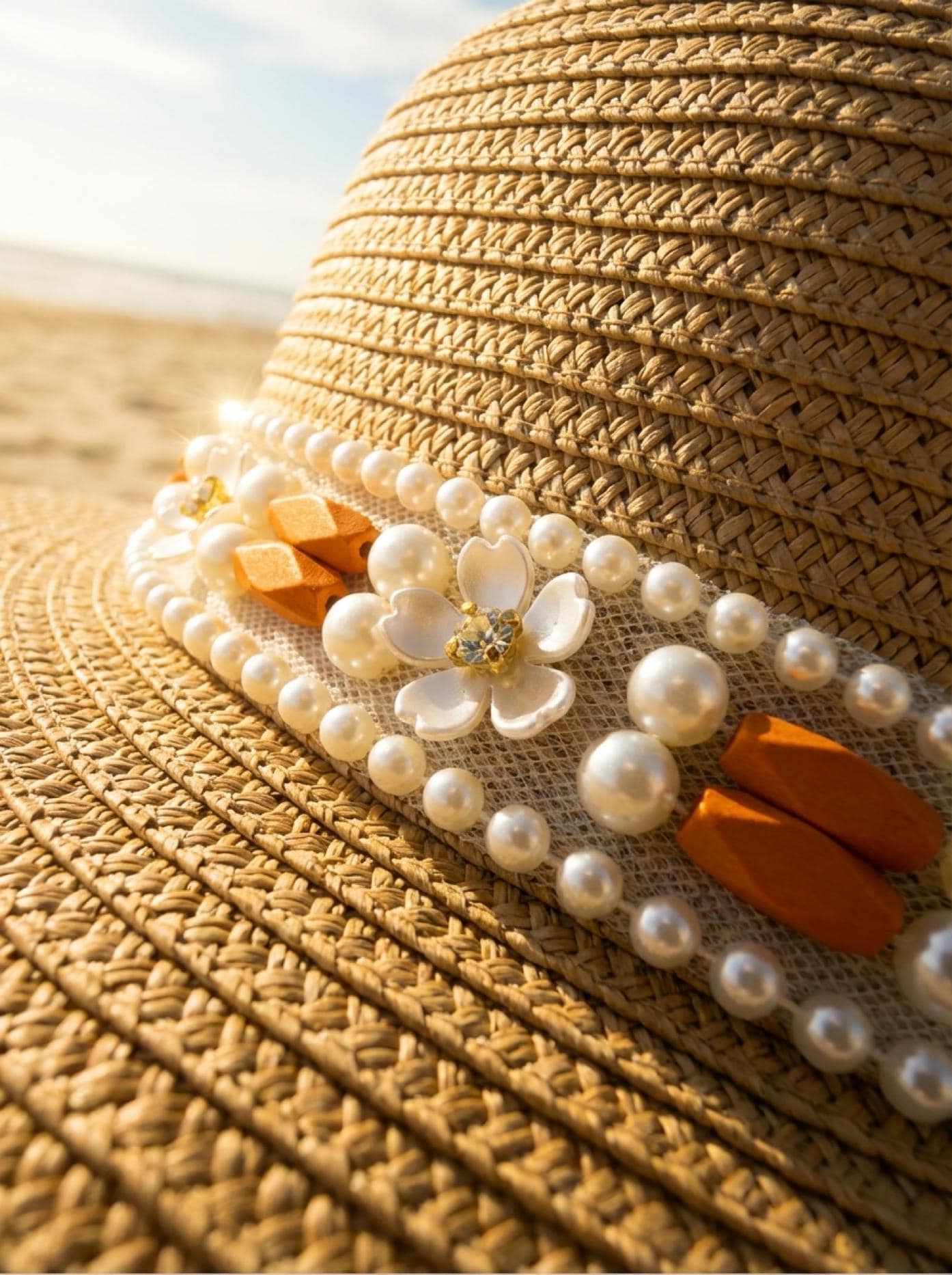 Ivory Pearl & Orange Beaded Trim with Floral Crystal – Self Adhesive or Sew - On Seam Allowance – Boho Trim for Dress, Collar, DIY, Cuffs - Faraj Beading