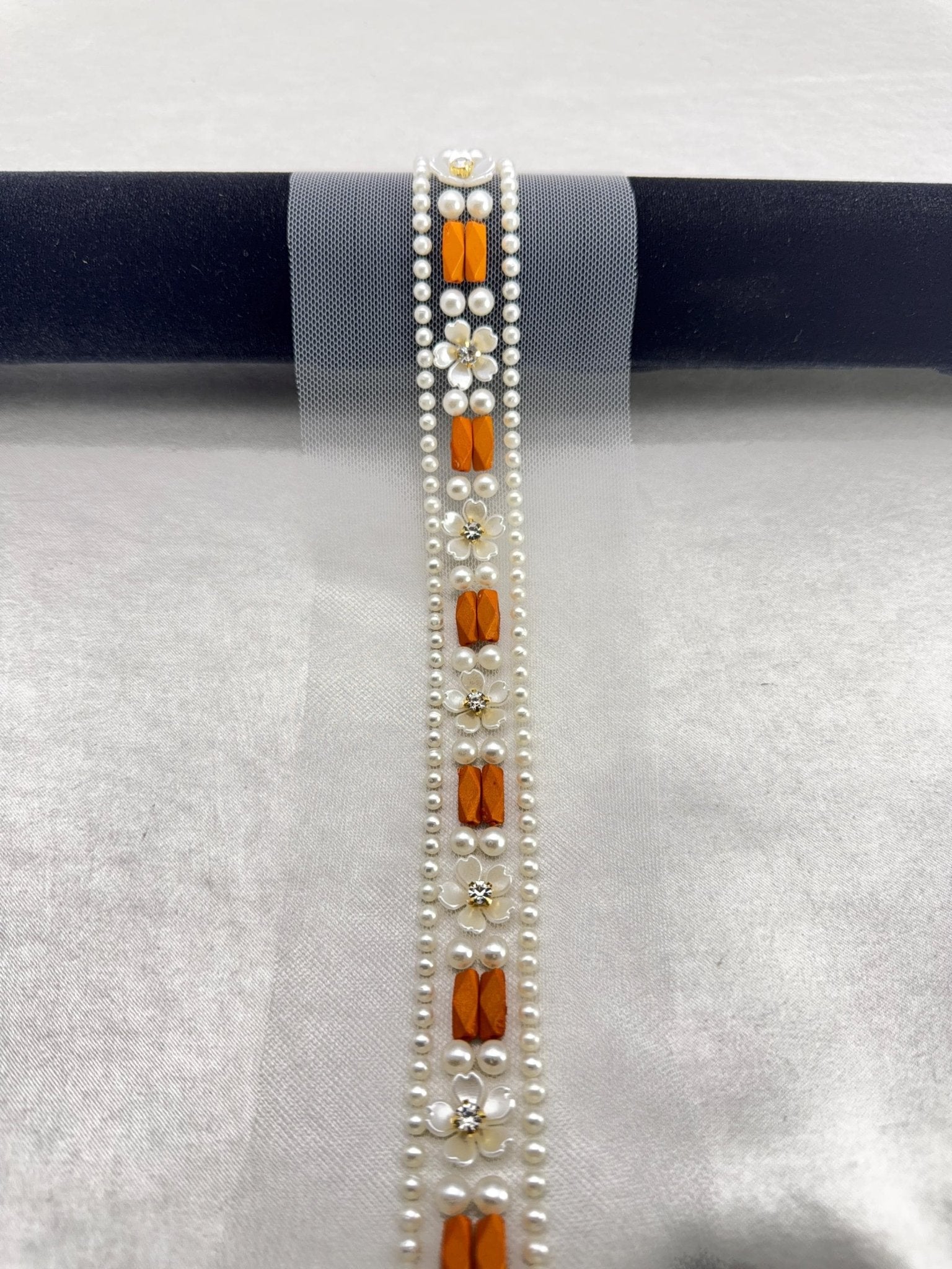 Ivory Pearl & Orange Beaded Trim with Floral Crystal – Self Adhesive or Sew - On Seam Allowance – Boho Trim for Dress, Collar, DIY, Cuffs - Faraj Beading
