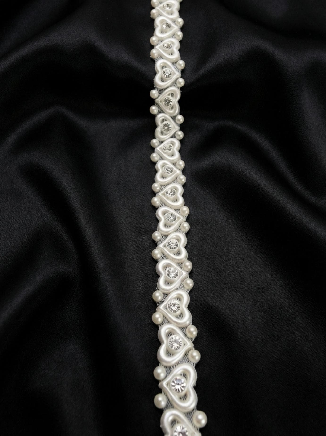 Ivory Pearl Rhinestone Heart Trim – Self Adhesive - Seam Allowance - Made in USA by Faraj Beading - Faraj Beading