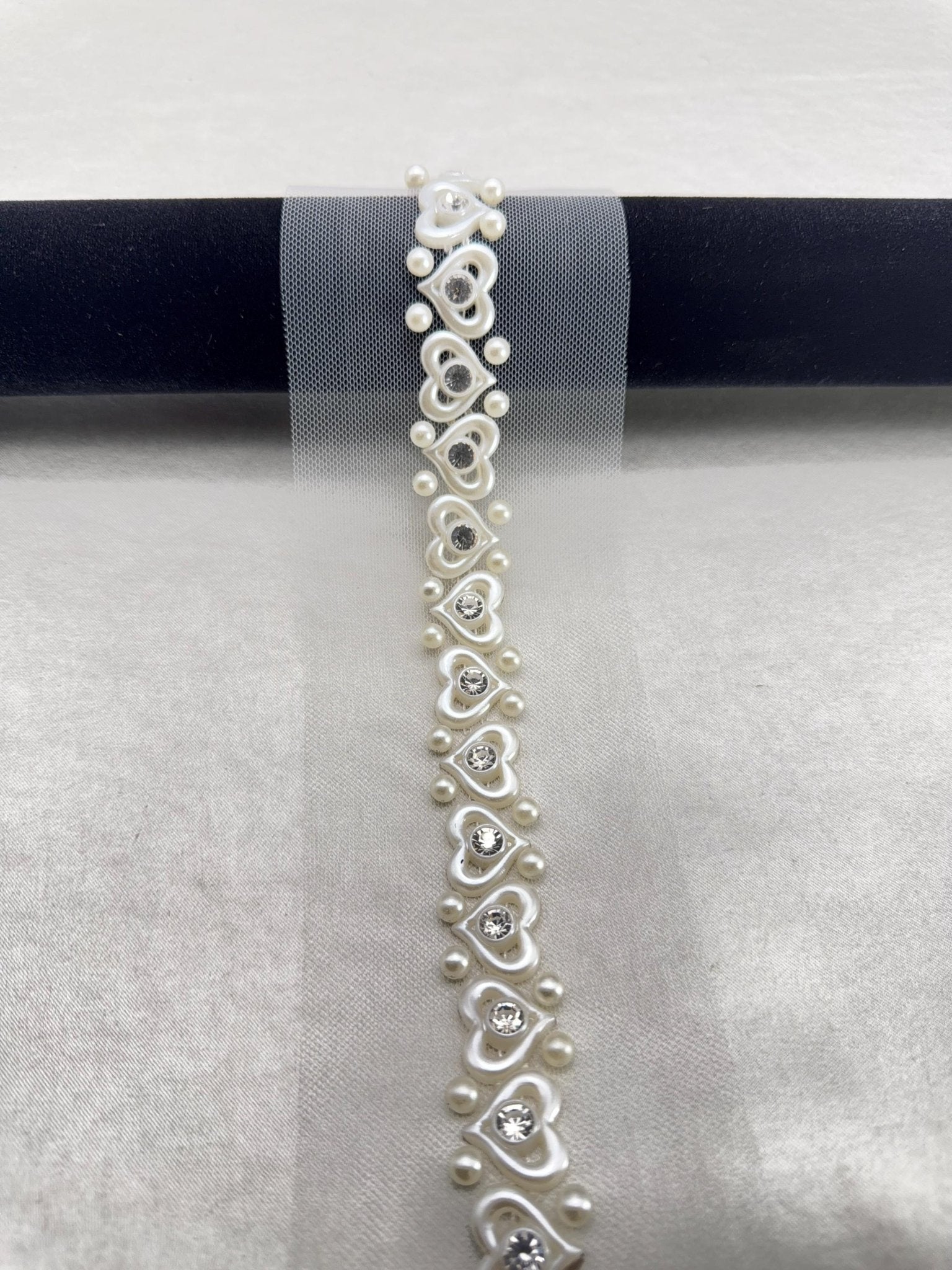 Ivory Pearl Rhinestone Heart Trim – Self Adhesive - Seam Allowance - Made in USA by Faraj Beading - Faraj Beading