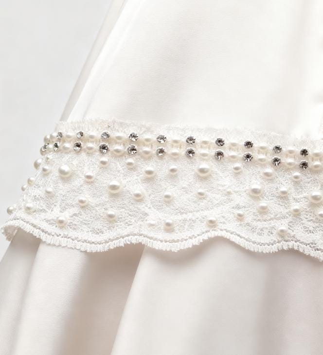 Ivory Pearl Rhinestone Lace Trim – Wide Beaded Scalloped Trim, Bridal Applique, DIY Accessories, Self Adhesive, Luxury Embellishment - Faraj Beading