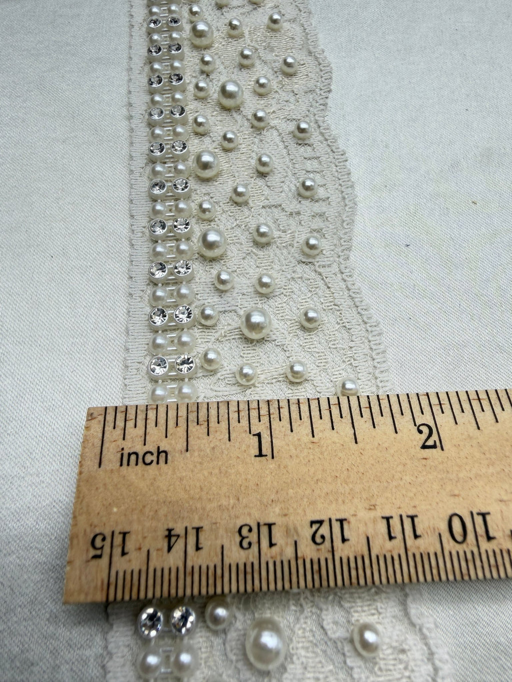 Ivory Pearl Rhinestone Lace Trim – Wide Beaded Scalloped Trim, Bridal Applique, DIY Accessories, Self Adhesive, Luxury Embellishment - Faraj Beading