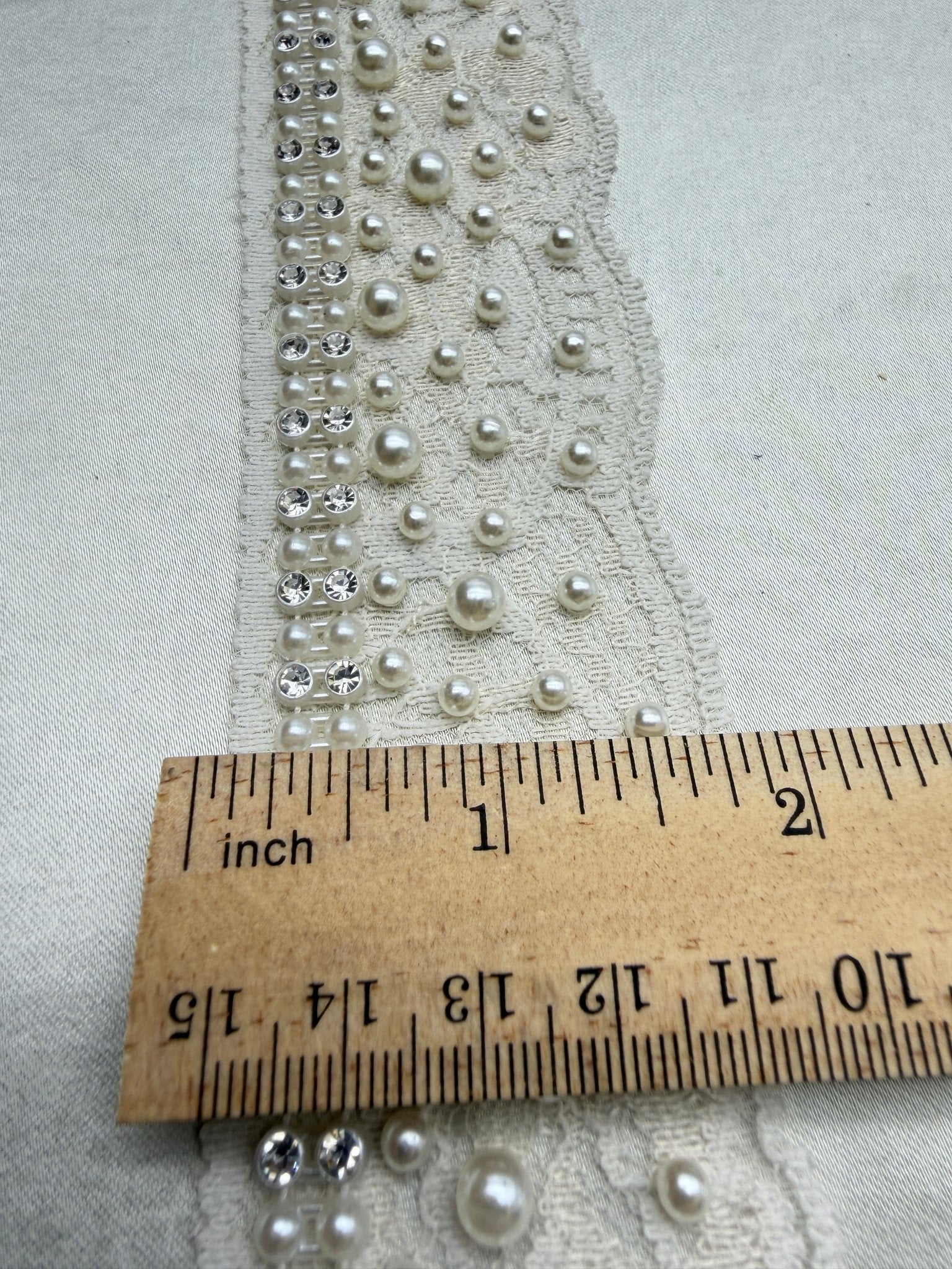 Ivory Pearl Rhinestone Lace Trim – Wide Beaded Scalloped Trim, Bridal Applique, DIY Accessories, Self Adhesive, Luxury Embellishment - Faraj Beading