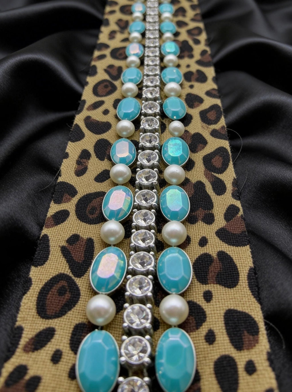 Leopard Print Beaded ribbon embellished with Turquoise Oval Resin Beads, Rhinestone & faux Pearls. Made Proudly in USA by Faraj beading - Faraj Beading