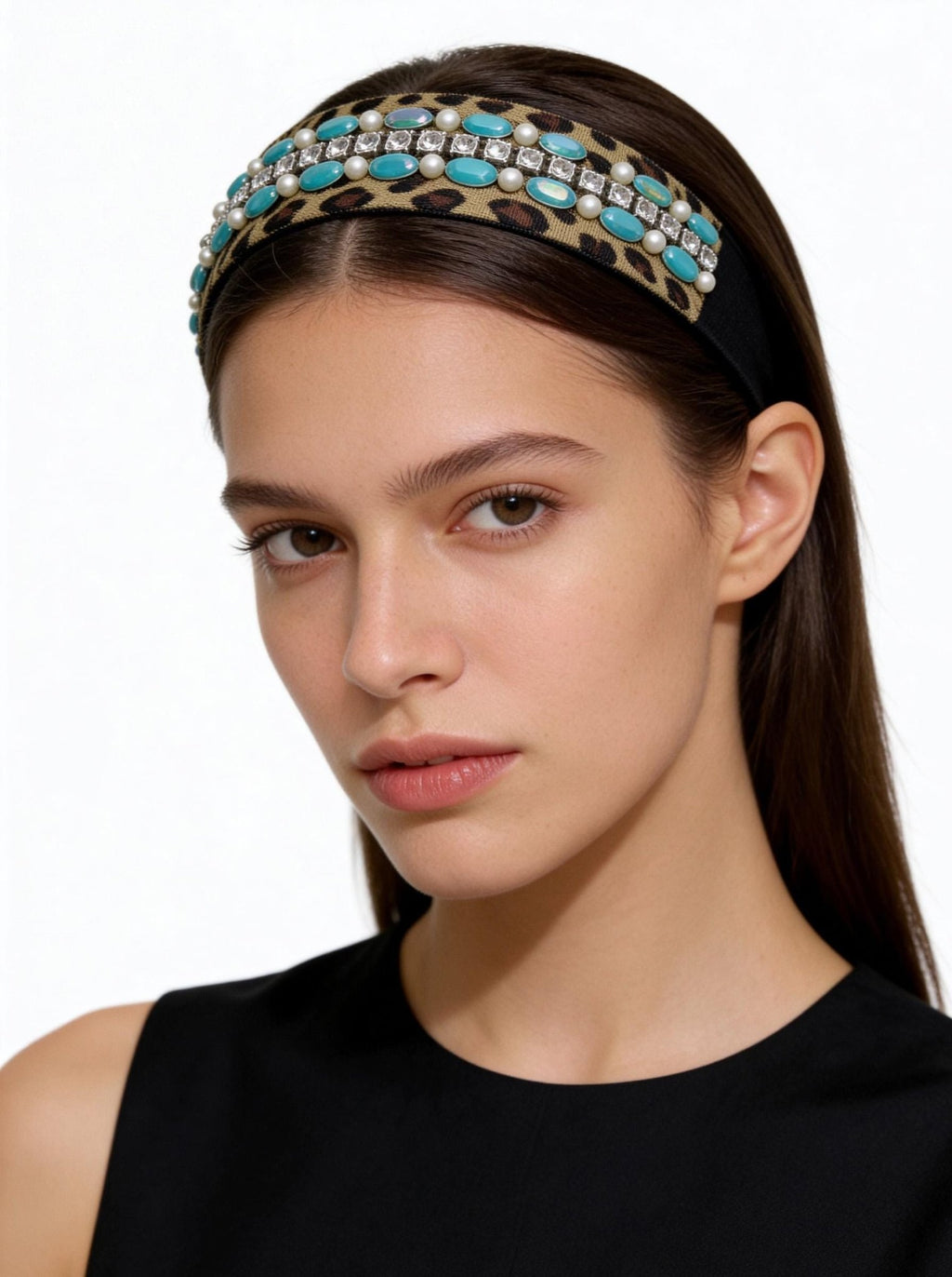 Leopard Print Beaded ribbon embellished with Turquoise Oval Resin Beads, Rhinestone & faux Pearls. Made Proudly in USA by Faraj beading - Faraj Beading