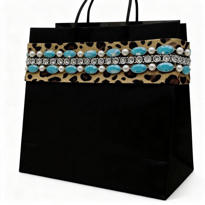 Leopard Print Beaded ribbon embellished with Turquoise Oval Resin Beads, Rhinestone & faux Pearls. Made Proudly in USA by Faraj beading - Faraj Beading