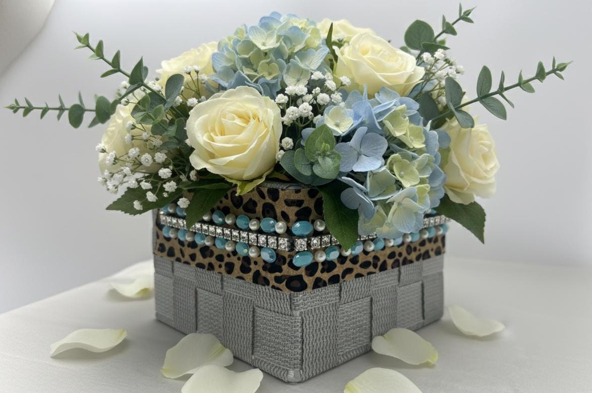 Leopard Print Beaded ribbon embellished with Turquoise Oval Resin Beads, Rhinestone & faux Pearls. Made Proudly in USA by Faraj beading - Faraj Beading