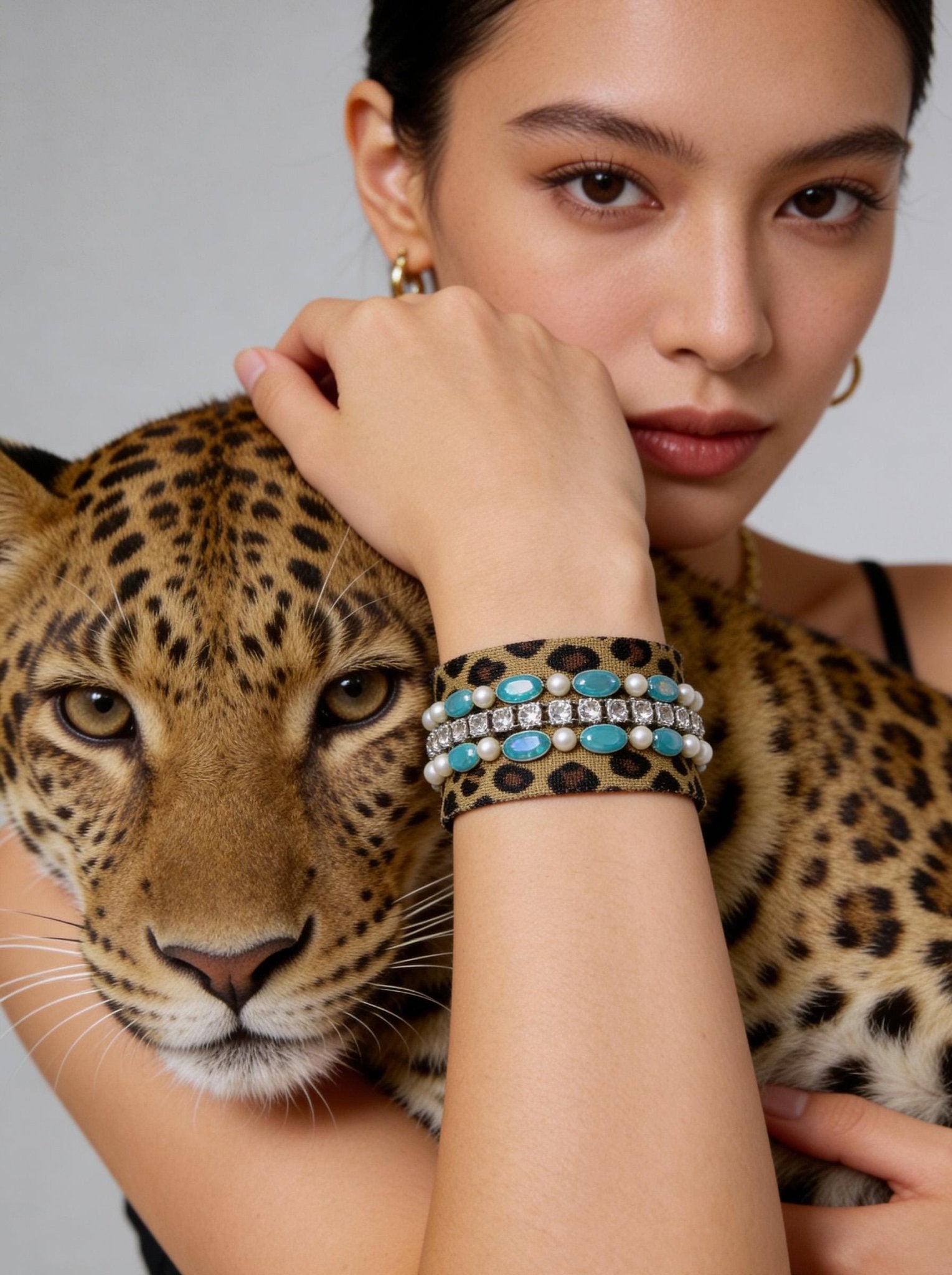 Leopard Print Beaded ribbon embellished with Turquoise Oval Resin Beads, Rhinestone & faux Pearls. Made Proudly in USA by Faraj beading - Faraj Beading