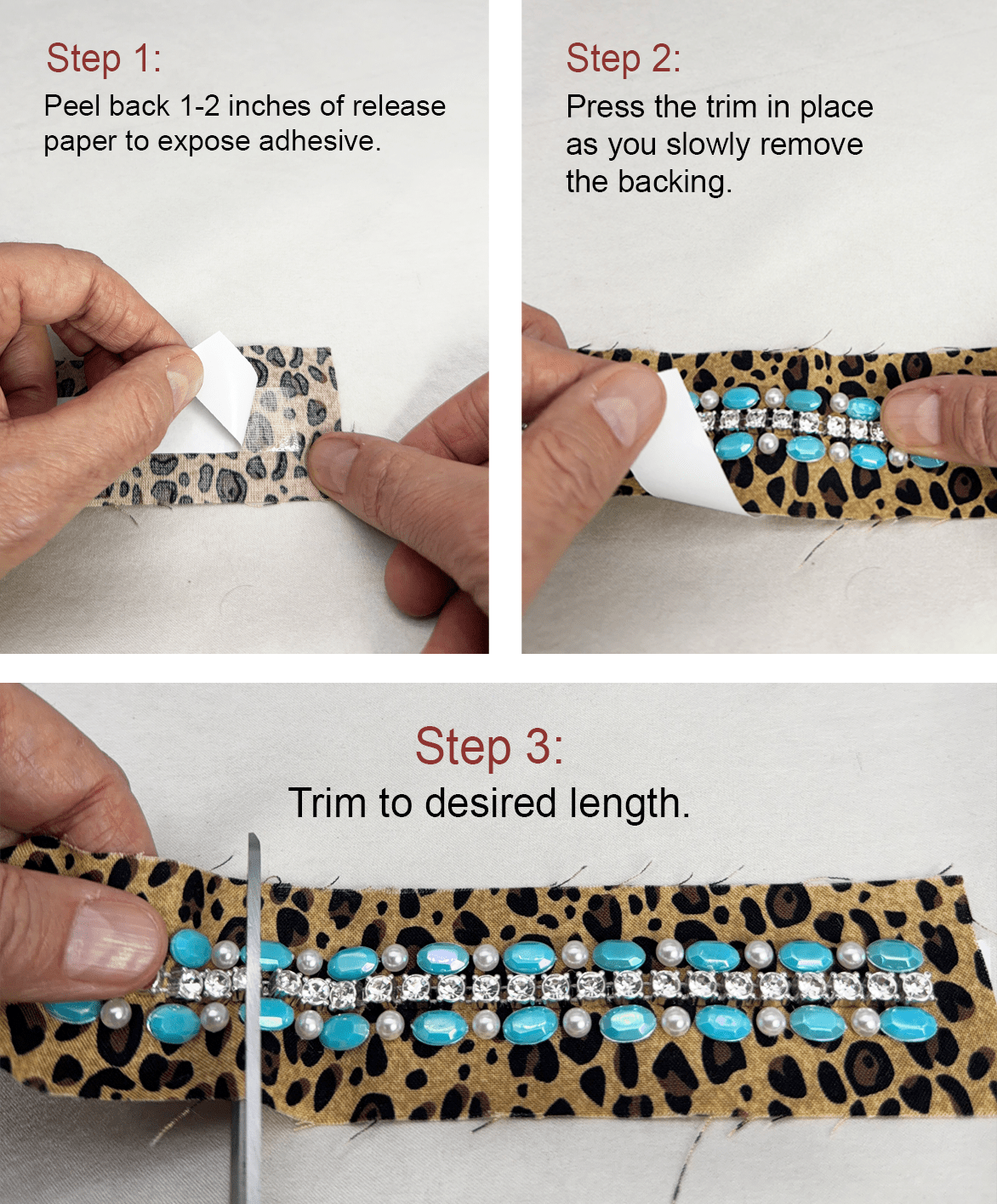 Leopard Print Beaded ribbon embellished with Turquoise Oval Resin Beads, Rhinestone & faux Pearls. Made Proudly in USA by Faraj beading - Faraj Beading