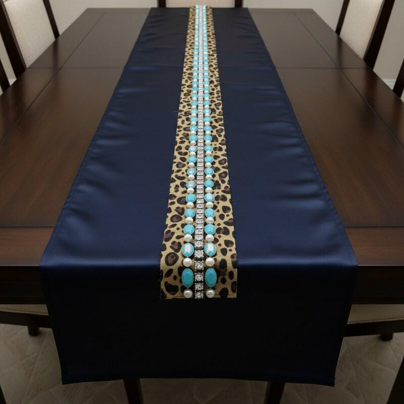 Leopard Print Beaded ribbon embellished with Turquoise Oval Resin Beads, Rhinestone & faux Pearls. Made Proudly in USA by Faraj beading - Faraj Beading