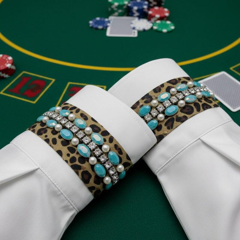 Leopard Print Beaded ribbon embellished with Turquoise Oval Resin Beads, Rhinestone & faux Pearls. Made Proudly in USA by Faraj beading - Faraj Beading