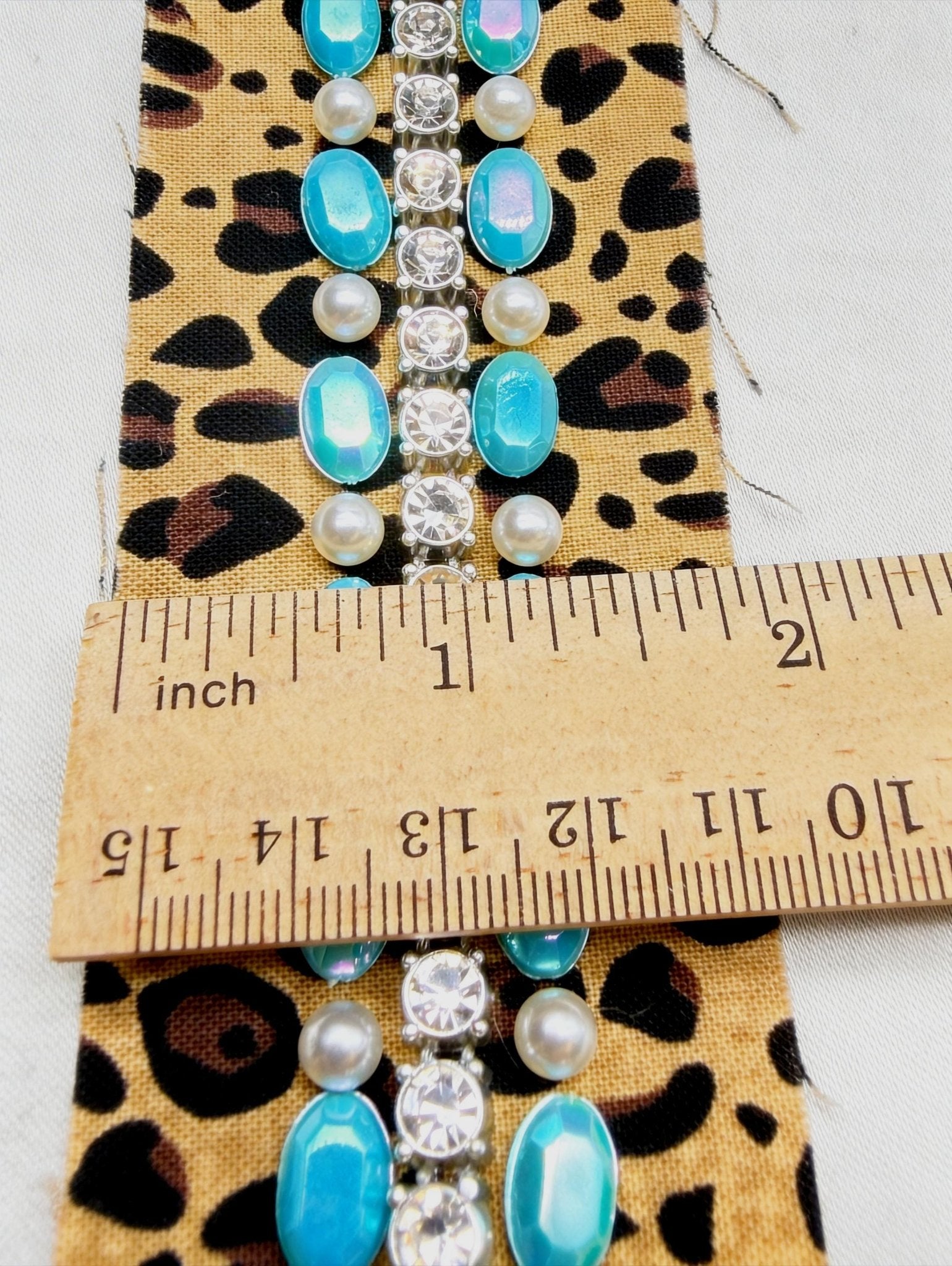 Leopard Print Beaded ribbon embellished with Turquoise Oval Resin Beads, Rhinestone & faux Pearls. Made Proudly in USA by Faraj beading - Faraj Beading
