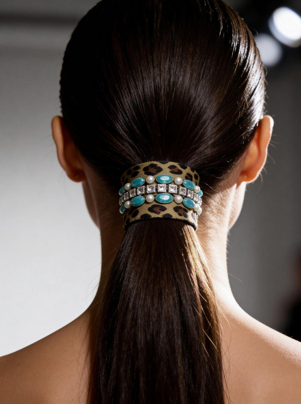 Leopard Print Beaded ribbon embellished with Turquoise Oval Resin Beads, Rhinestone & faux Pearls. Made Proudly in USA by Faraj beading - Faraj Beading