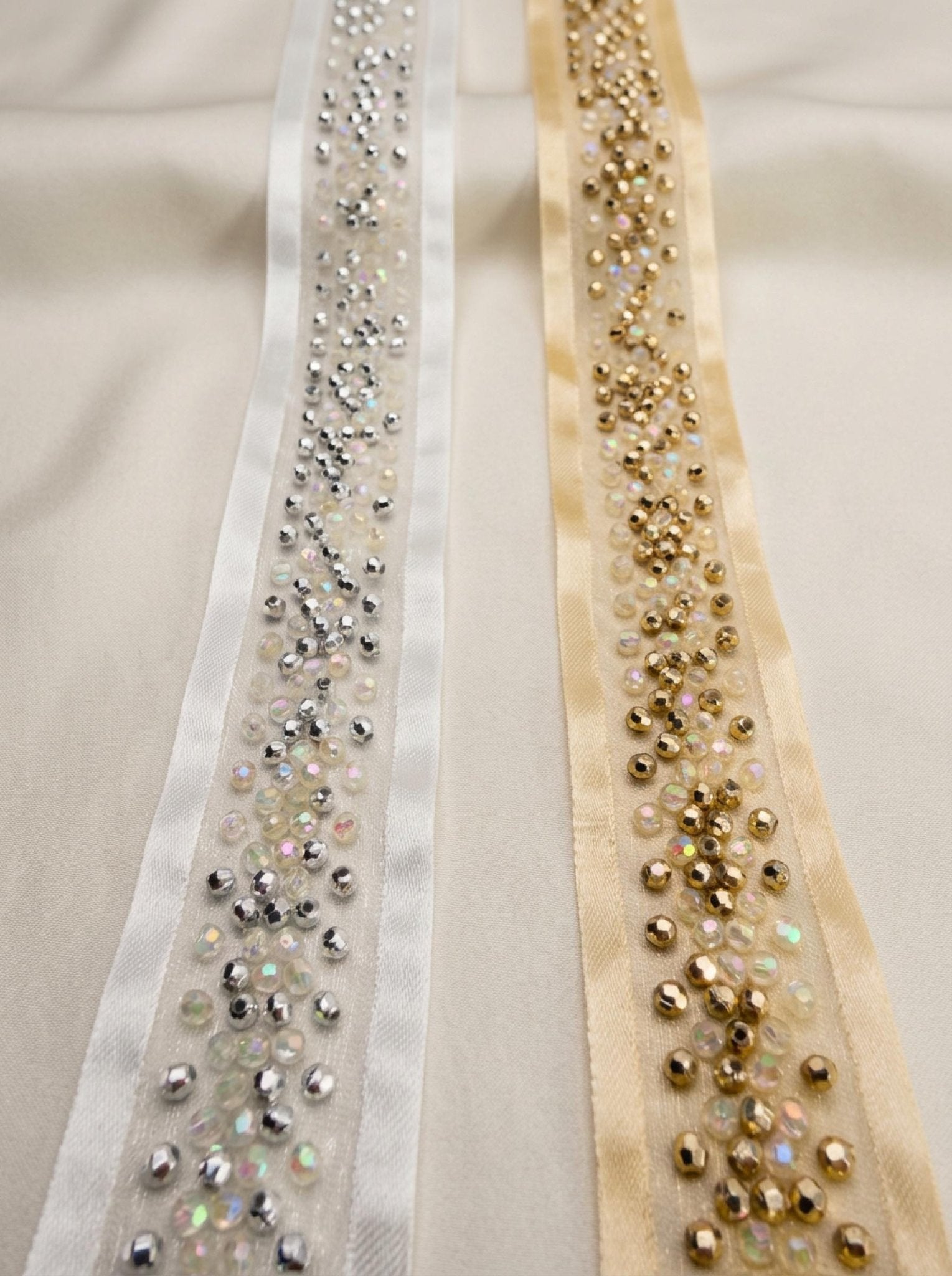 Luxury mixed beadsTrim – Gold or Silver Rhinestone Ribbon Trim – Self Adhesive or Sew On – Evening Wear, DIY Designer Trim - Faraj Beading