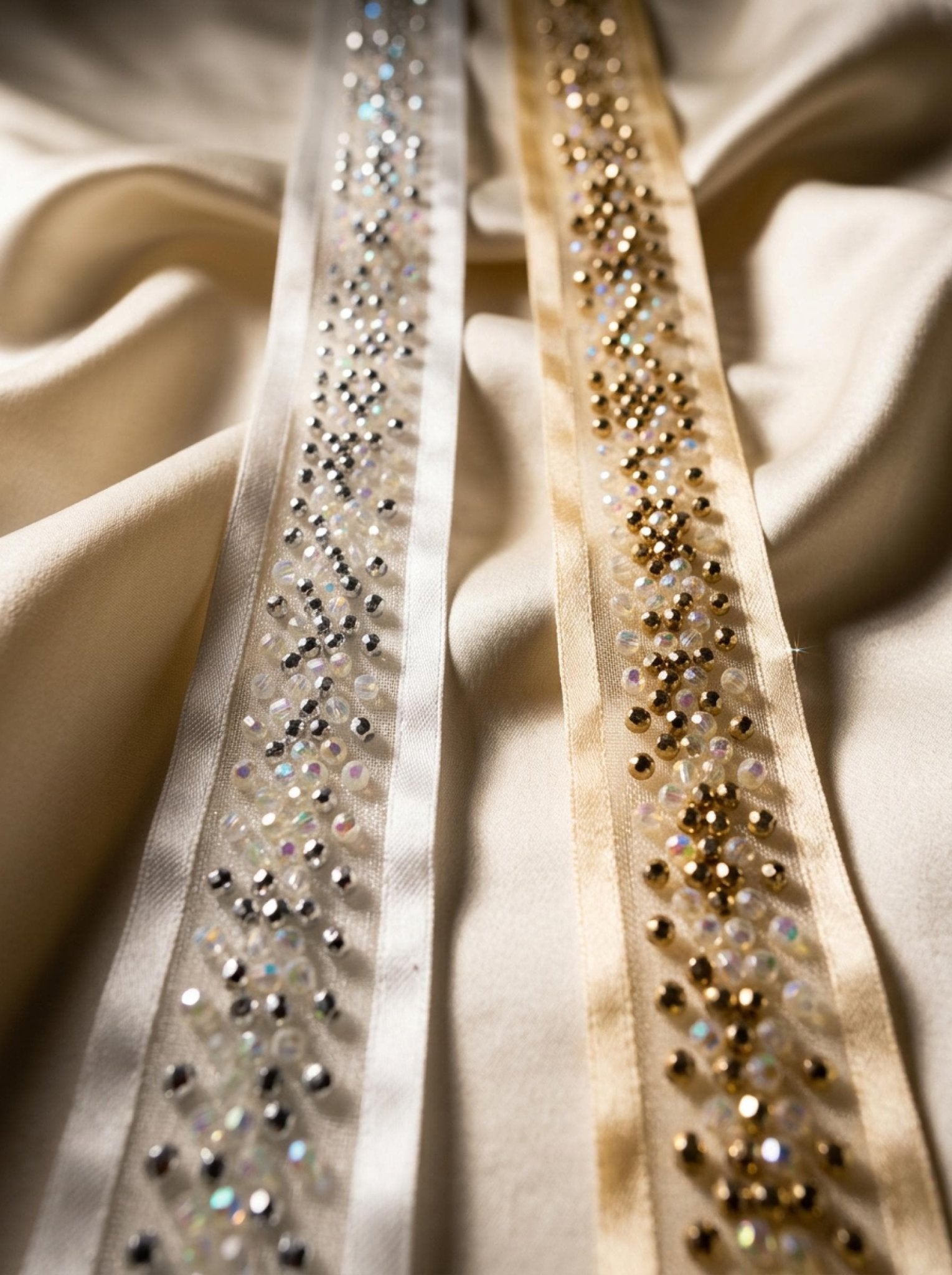 Luxury mixed beadsTrim – Gold or Silver Rhinestone Ribbon Trim – Self Adhesive or Sew On – Evening Wear, DIY Designer Trim - Faraj Beading