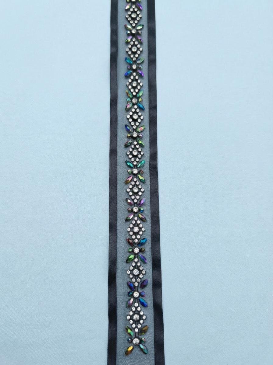 Luxury Rhinestone Beaded Trim – Black Iridescent Crystal Designer Trim – Couture Ribbon Trim – Sew On or Self Adhesive – Made in USA - Faraj Beading