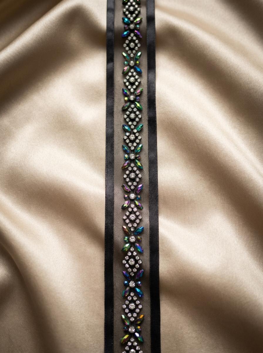 Luxury Rhinestone Beaded Trim – Black Iridescent Crystal Designer Trim – Couture Ribbon Trim – Sew On or Self Adhesive – Made in USA - Faraj Beading