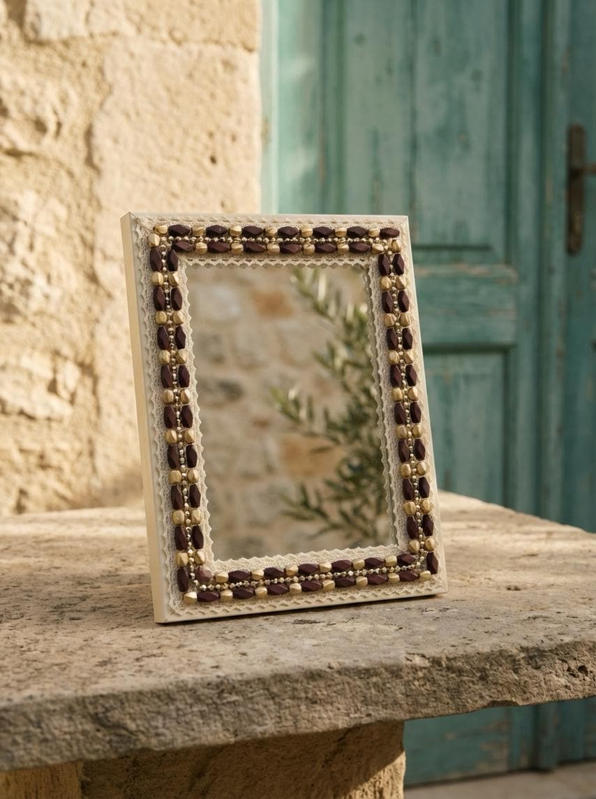 Matte Gold and wood - look Beaded Trim on Ivory cotton Lace with DIY Self Adhesive - Faraj Beading