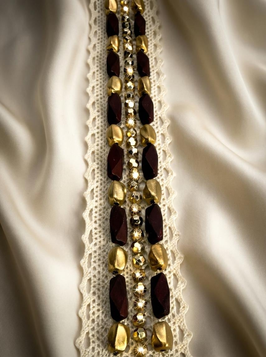 Matte Gold and wood - look Beaded Trim on Ivory cotton Lace with DIY Self Adhesive - Faraj Beading