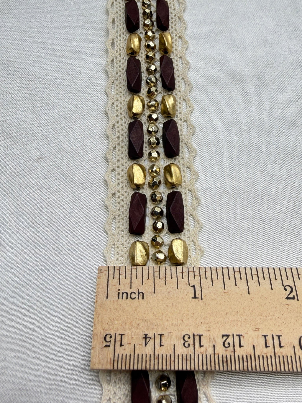 Matte Gold and wood - look Beaded Trim on Ivory cotton Lace with DIY Self Adhesive - Faraj Beading