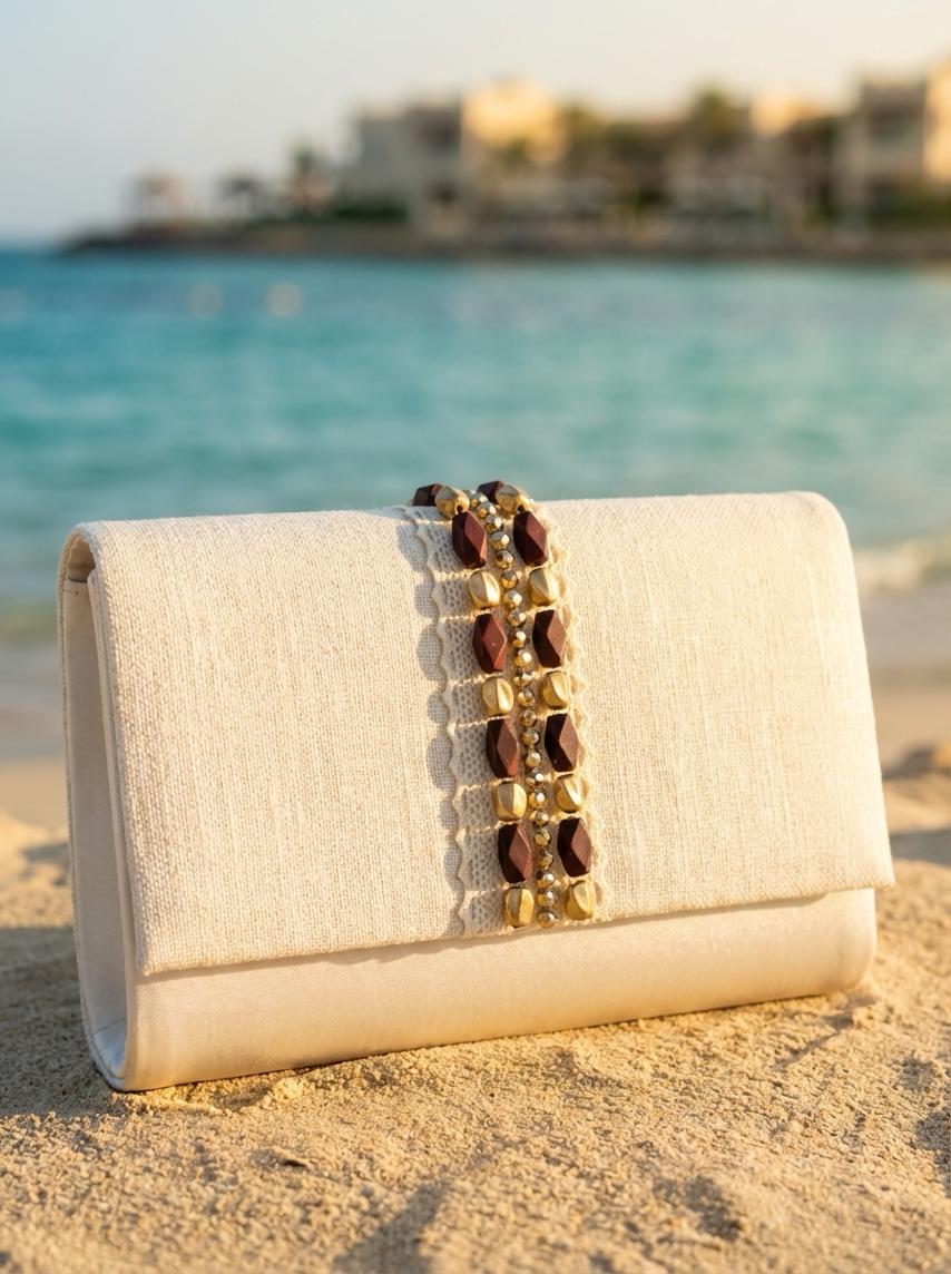 Matte Gold and wood - look Beaded Trim on Ivory cotton Lace with DIY Self Adhesive - Faraj Beading