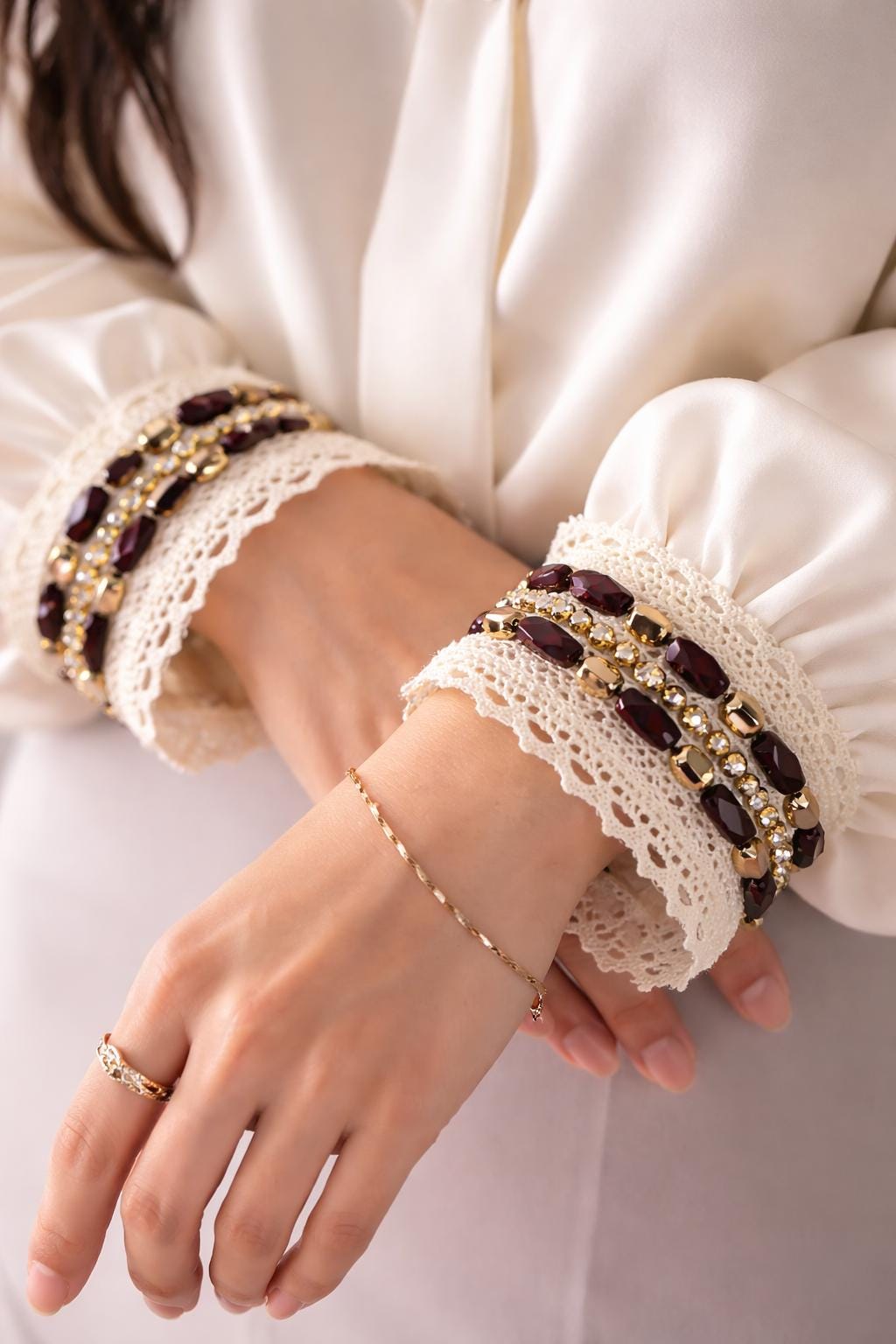 Matte Gold and wood - look Beaded Trim on Ivory cotton Lace with DIY Self Adhesive - Faraj Beading