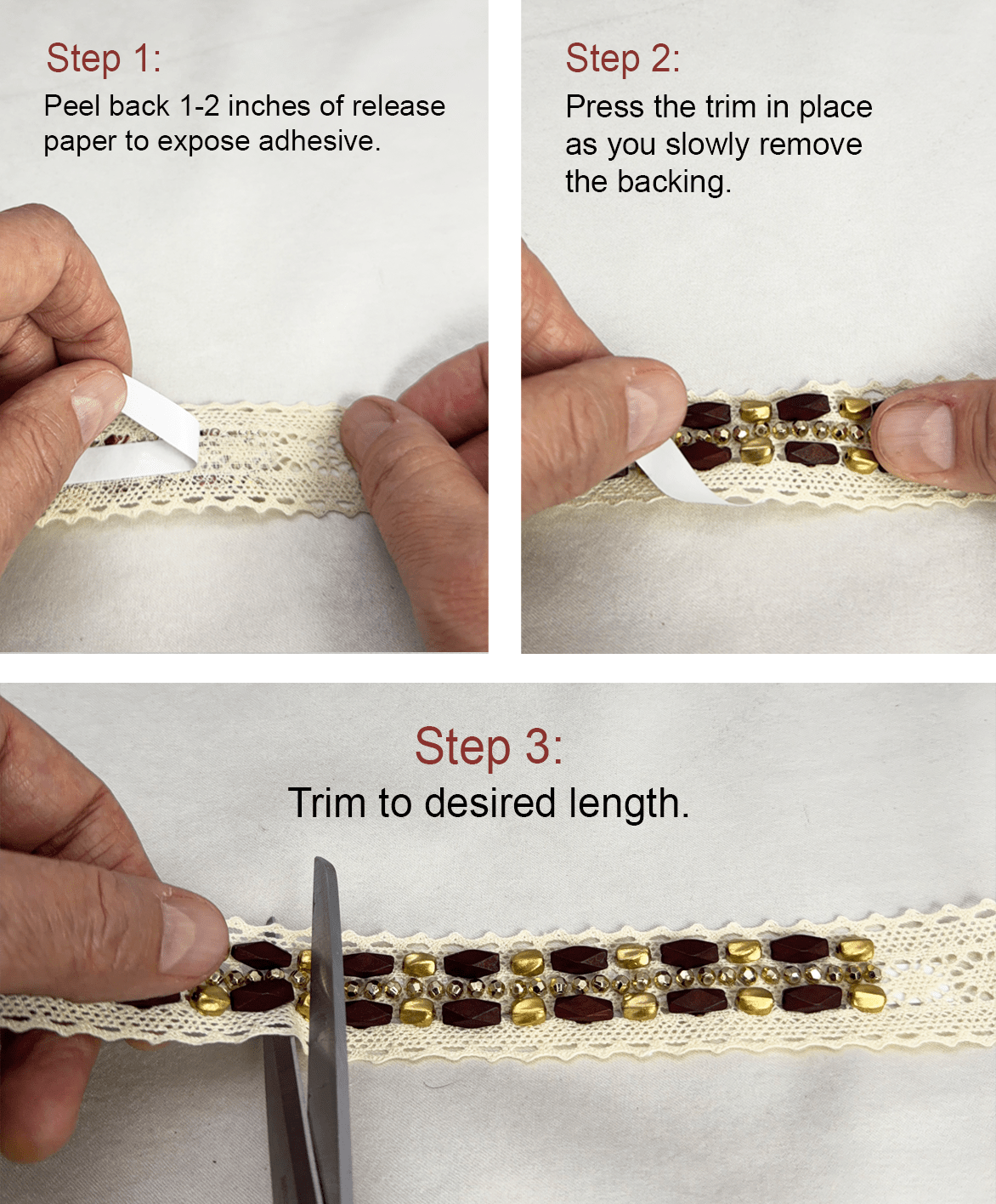 Matte Gold and wood - look Beaded Trim on Ivory cotton Lace with DIY Self Adhesive - Faraj Beading