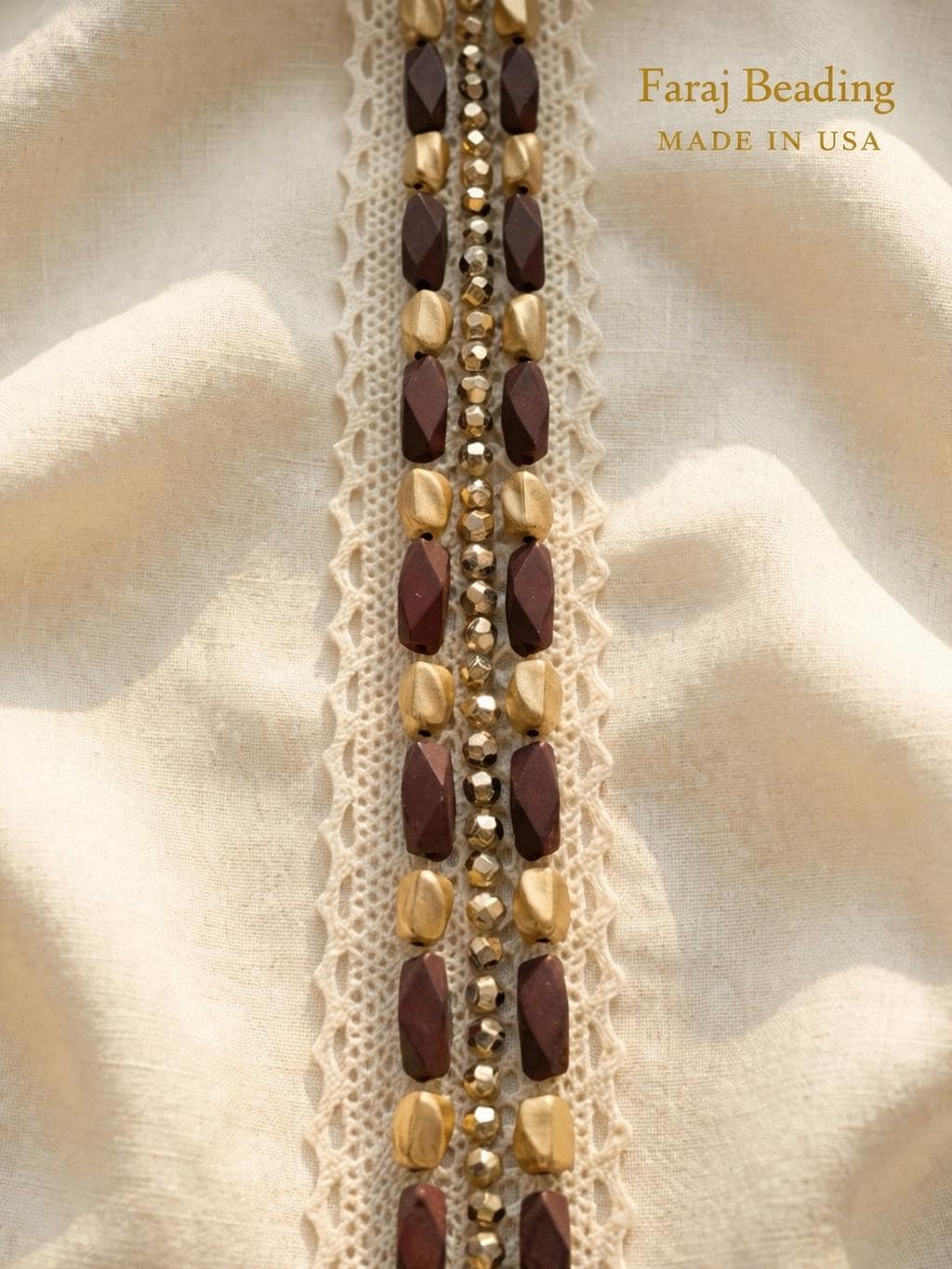 Matte Gold and wood - look Beaded Trim on Ivory cotton Lace with DIY Self Adhesive - Faraj Beading