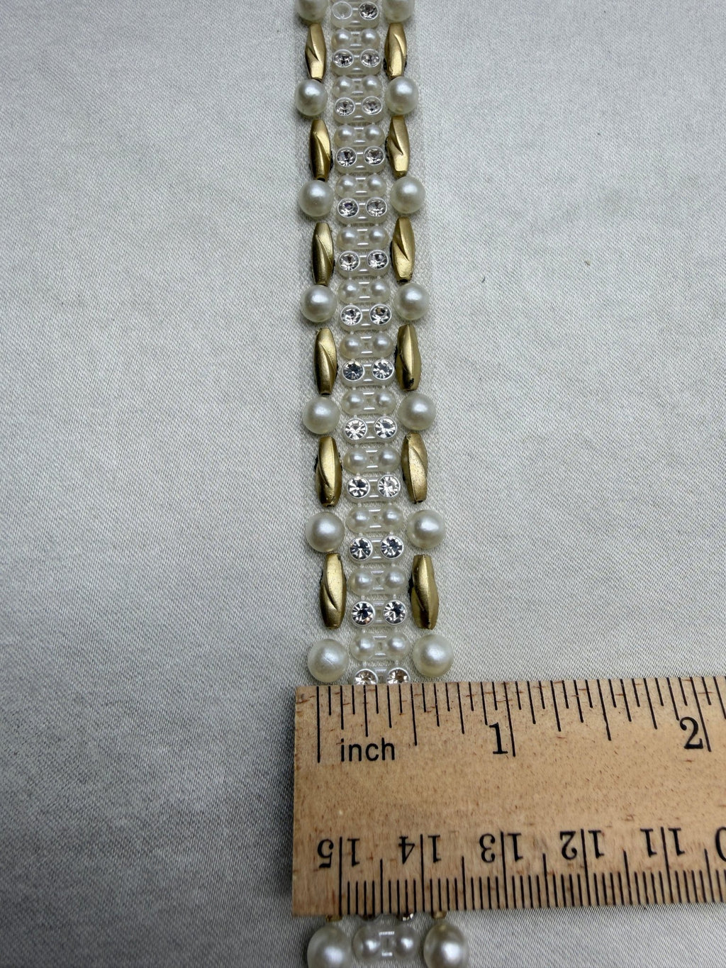 Matte Gold beads Pearl Rhinestone Trim – Decorative Embellishment, Sewing or Self Adhesive Trim, 1” Seam Allowance Option - Made In USA - Faraj Beading