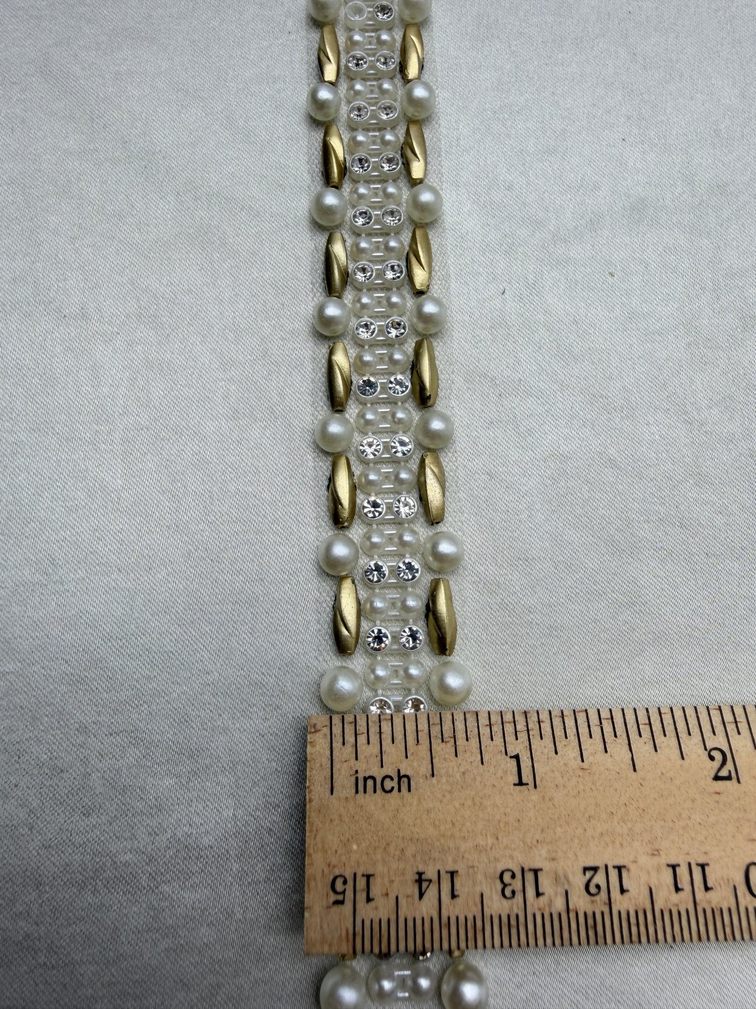 Matte Gold beads Pearl Rhinestone Trim – Decorative Embellishment, Sewing or Self Adhesive Trim, 1” Seam Allowance Option - Made In USA - Faraj Beading