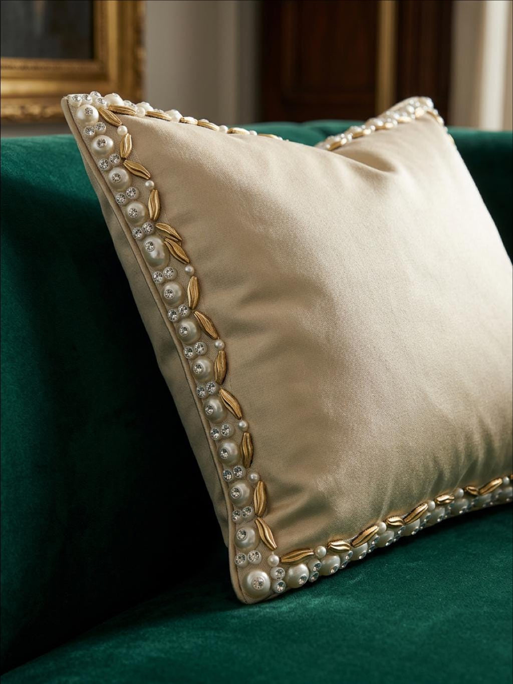Matte Gold & Ivory Pearl Rhinestone Trim – Self Adhesive or Extra Fabric Seam Allowance – Beaded Trim for Dress, Collar - Made In USA - Faraj Beading