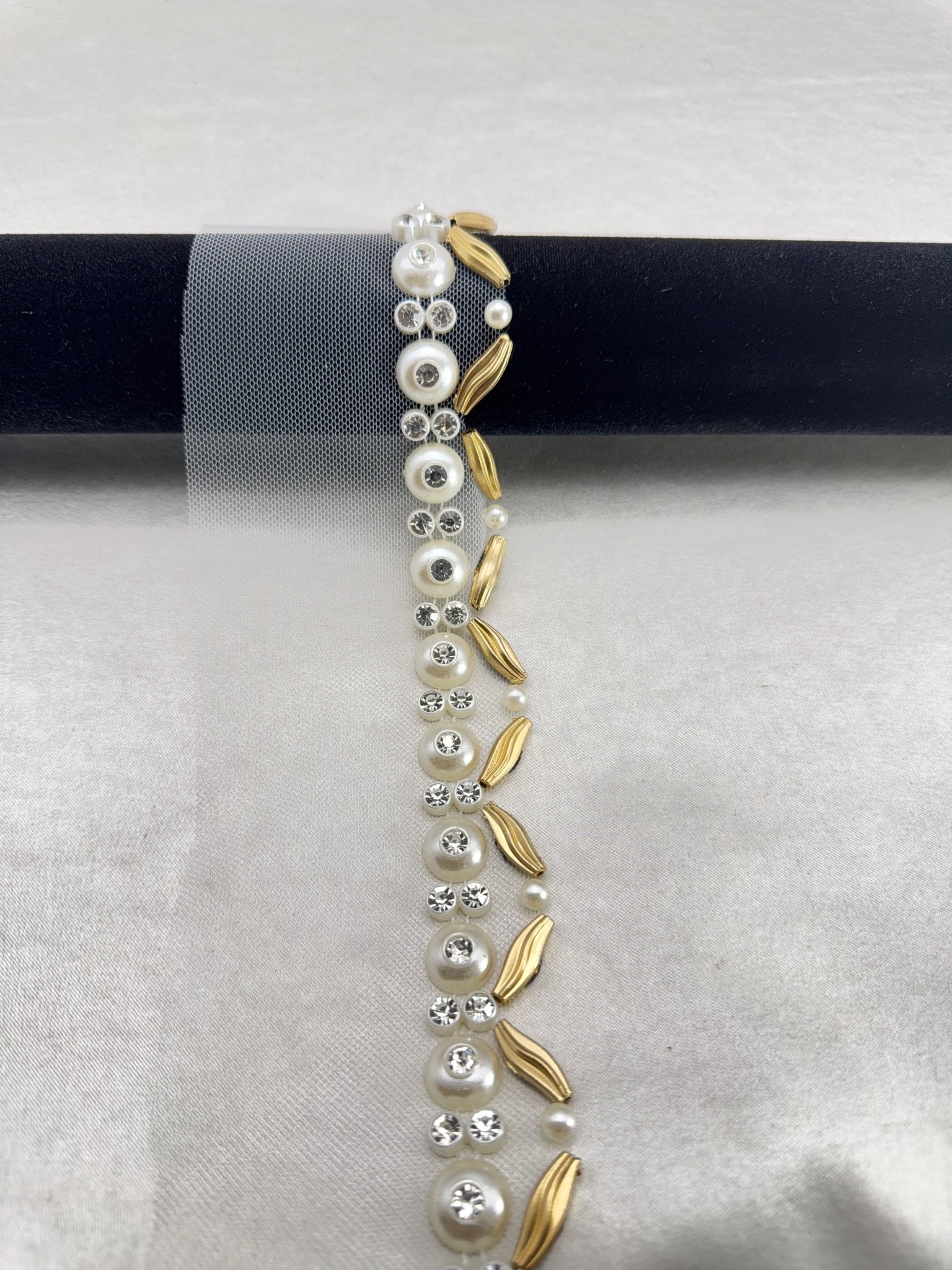 Matte Gold & Ivory Pearl Rhinestone Trim – Self Adhesive or Extra Fabric Seam Allowance – Beaded Trim for Dress, Collar - Made In USA - Faraj Beading