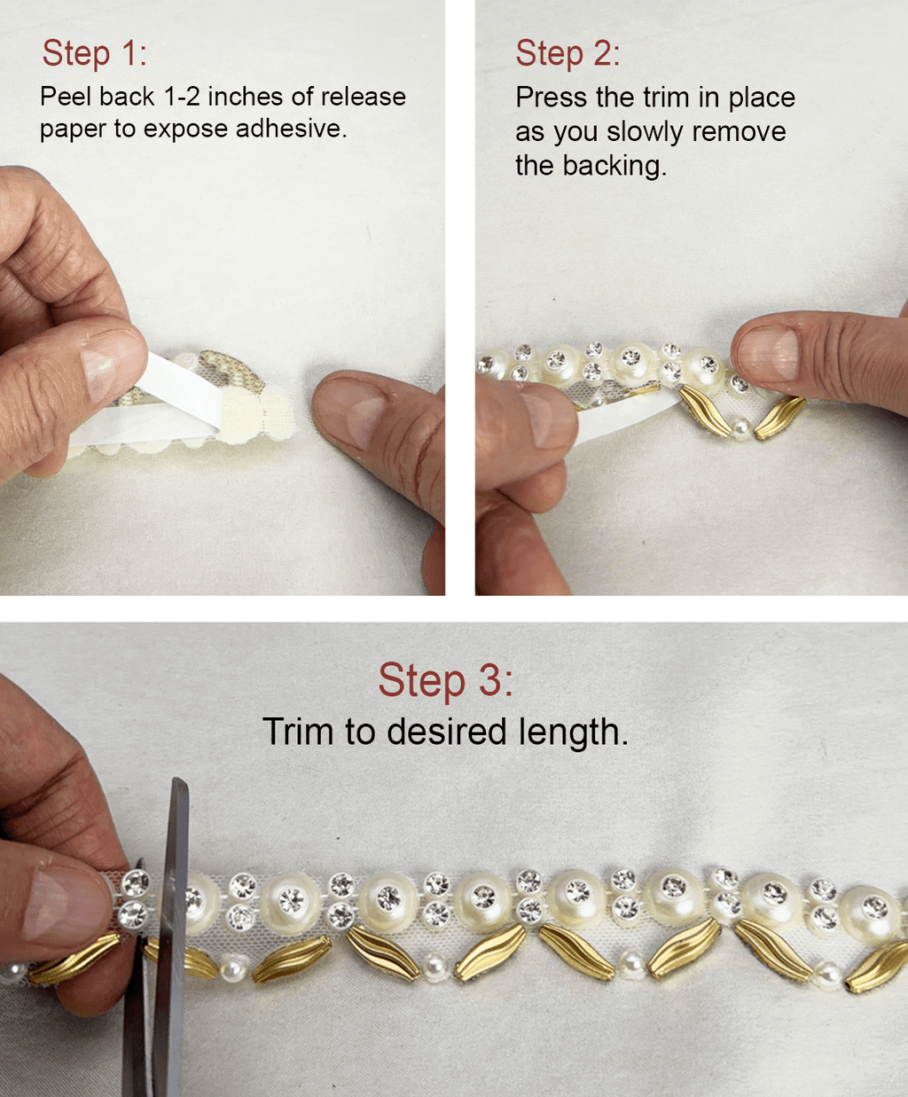 Matte Gold & Ivory Pearl Rhinestone Trim – Self Adhesive or Extra Fabric Seam Allowance – Beaded Trim for Dress, Collar - Made In USA - Faraj Beading