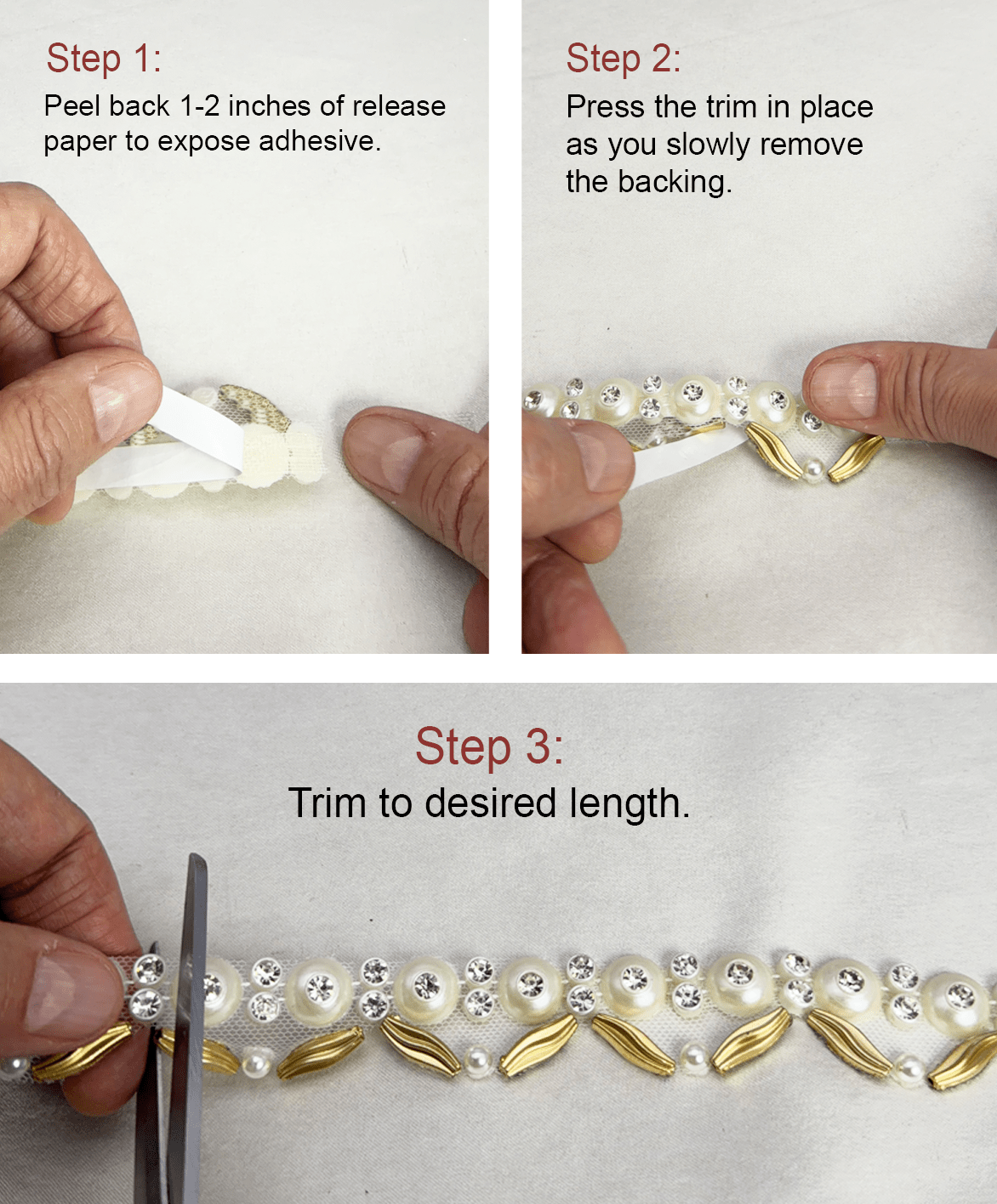 Matte Gold & Ivory Pearl Rhinestone Trim – Self Adhesive or Extra Fabric Seam Allowance – Beaded Trim for Dress, Collar - Made In USA - Faraj Beading