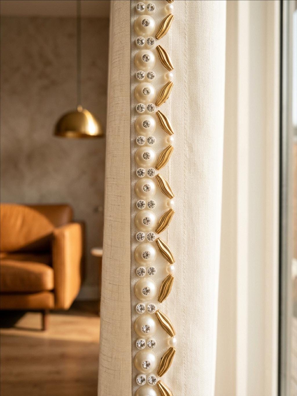 Matte Gold & Ivory Pearl Rhinestone Trim – Self Adhesive or Extra Fabric Seam Allowance – Beaded Trim for Dress, Collar - Made In USA - Faraj Beading