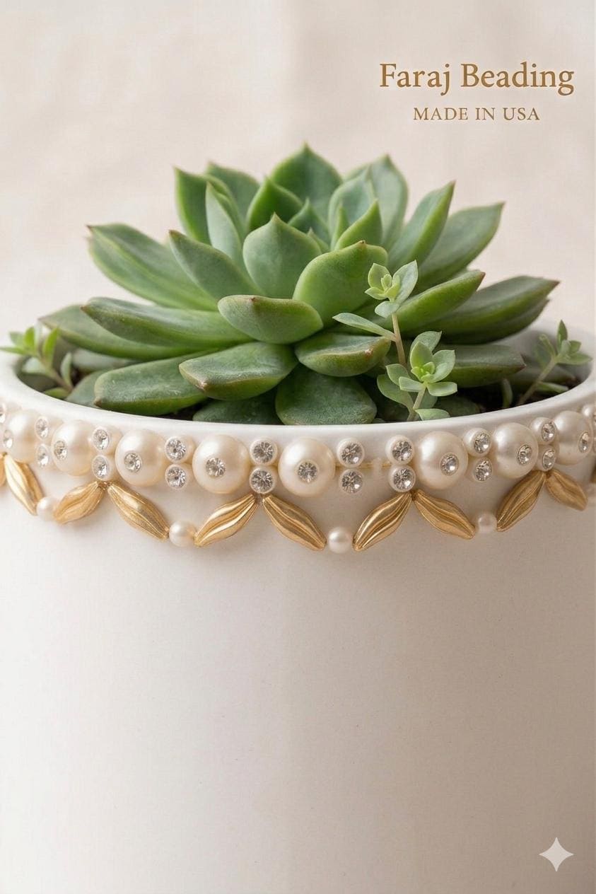 Matte Gold & Ivory Pearl Rhinestone Trim – Self Adhesive or Extra Fabric Seam Allowance – Beaded Trim for Dress, Collar - Made In USA - Faraj Beading