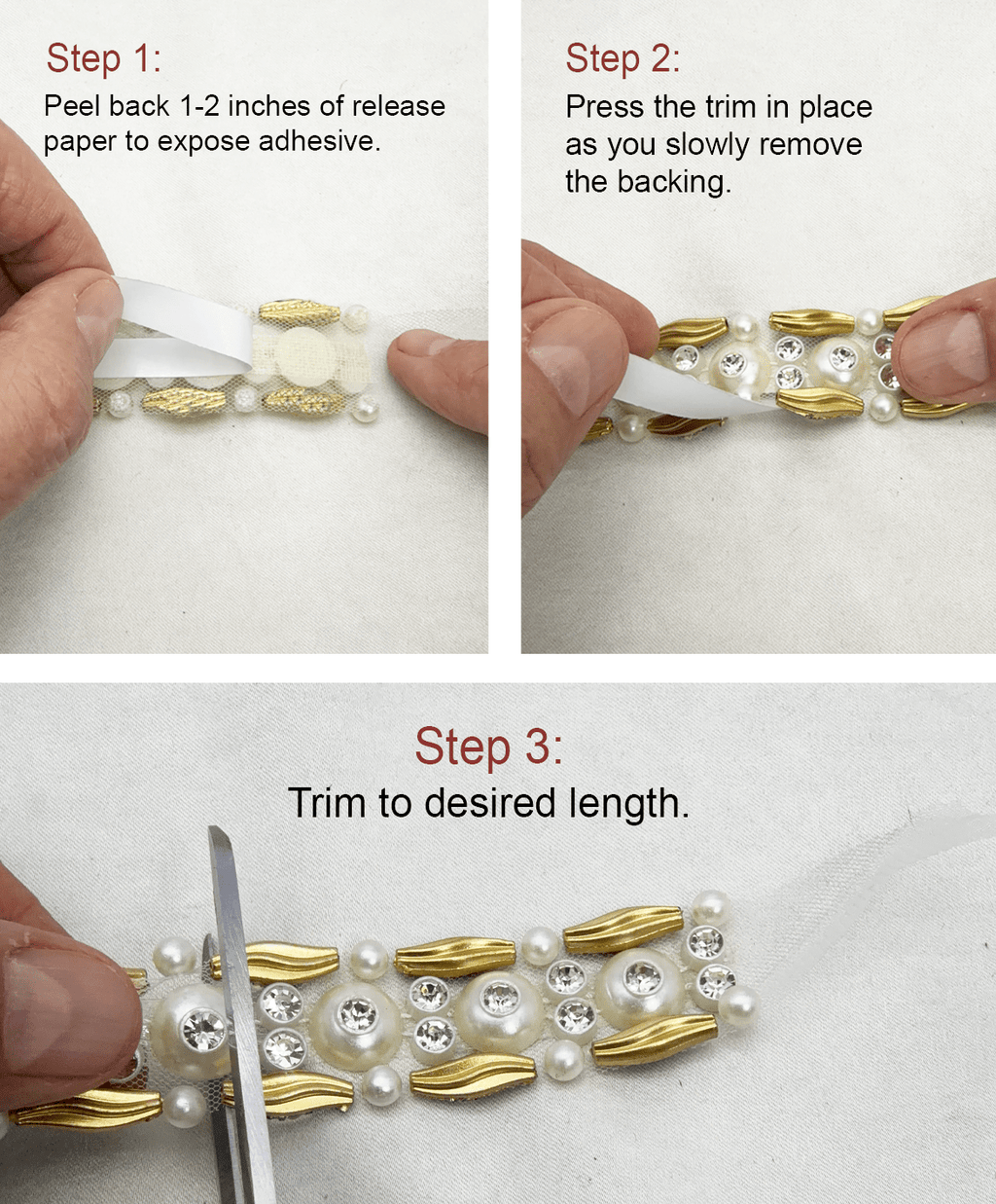 Matte Gold & Ivory Pearl Rhinestone Trim – Self Adhesive or Sew - On – Beaded Trim for Dress, Collar, Cuff, Accessories DIY - Faraj Beading