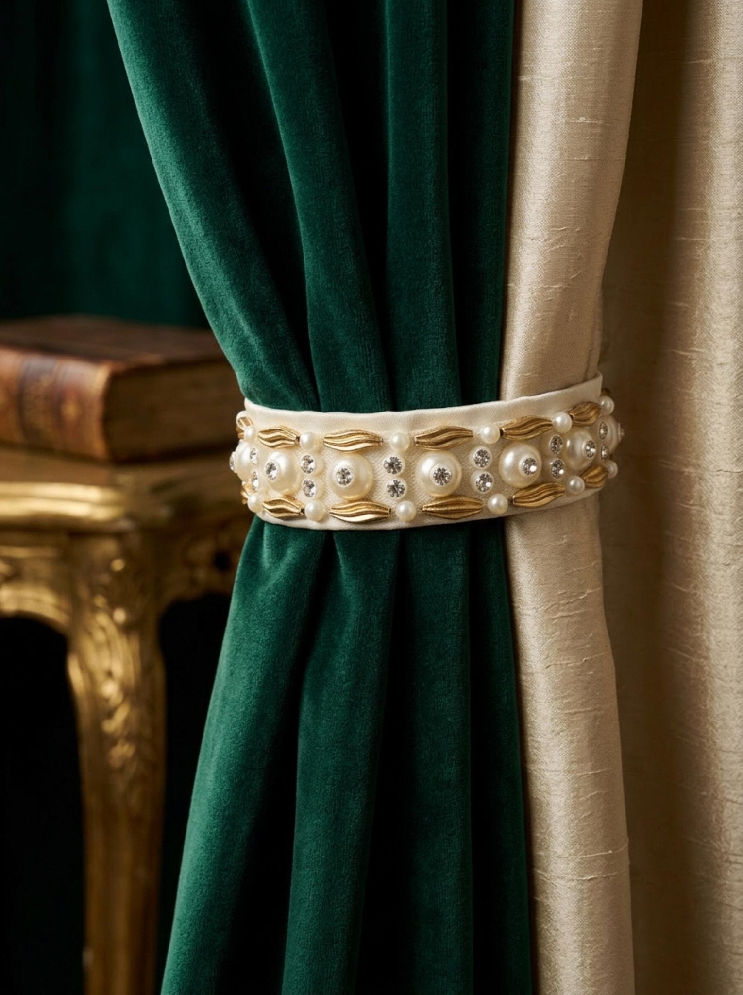 Matte Gold & Ivory Pearl Rhinestone Trim – Self Adhesive or Sew - On – Beaded Trim for Dress, Collar, Cuff, Accessories DIY - Faraj Beading