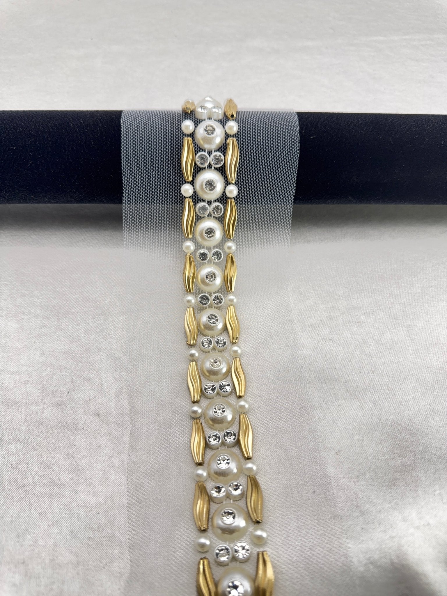 Matte Gold & Ivory Pearl Rhinestone Trim – Self Adhesive or Sew - On – Beaded Trim for Dress, Collar, Cuff, Accessories DIY - Faraj Beading