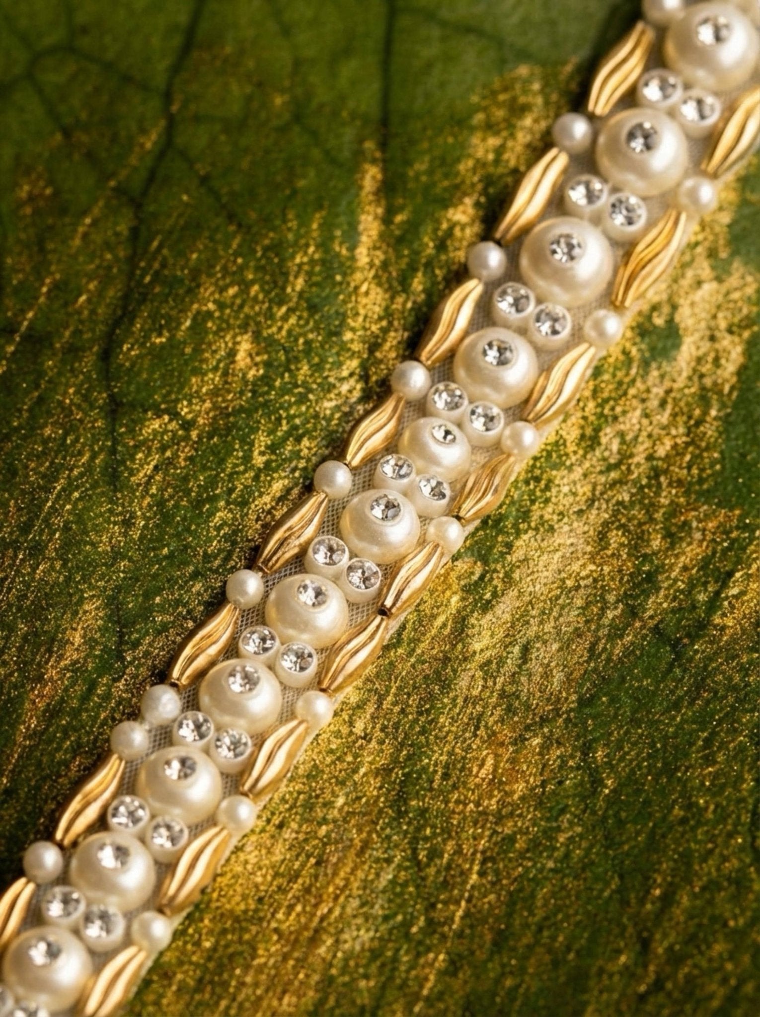 Matte Gold & Ivory Pearl Rhinestone Trim – Self Adhesive or Sew - On – Beaded Trim for Dress, Collar, Cuff, Accessories DIY - Faraj Beading