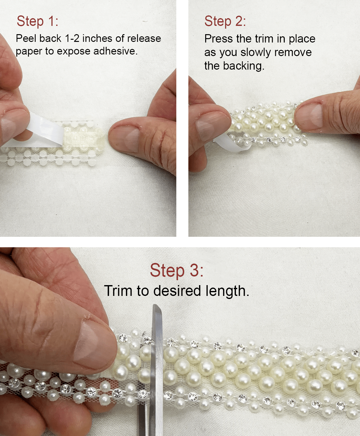Multi Row Pearl Beaded Trim – Rhinestone Pearl Lace Trim – Ivory Bridal Trim – Sew On or Self Adhesive – Made in USA - Faraj Beading