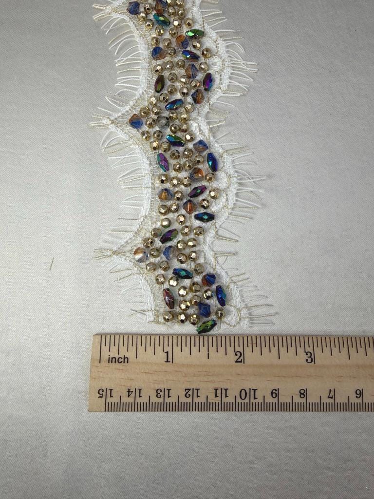 Multicolor Beaded Lace Trim, Iridescent Rhinestone & Gold Bead Trim, Bridal Couture Trim, Dress Embellishment, Sewing Trim by the Yard - Faraj Beading