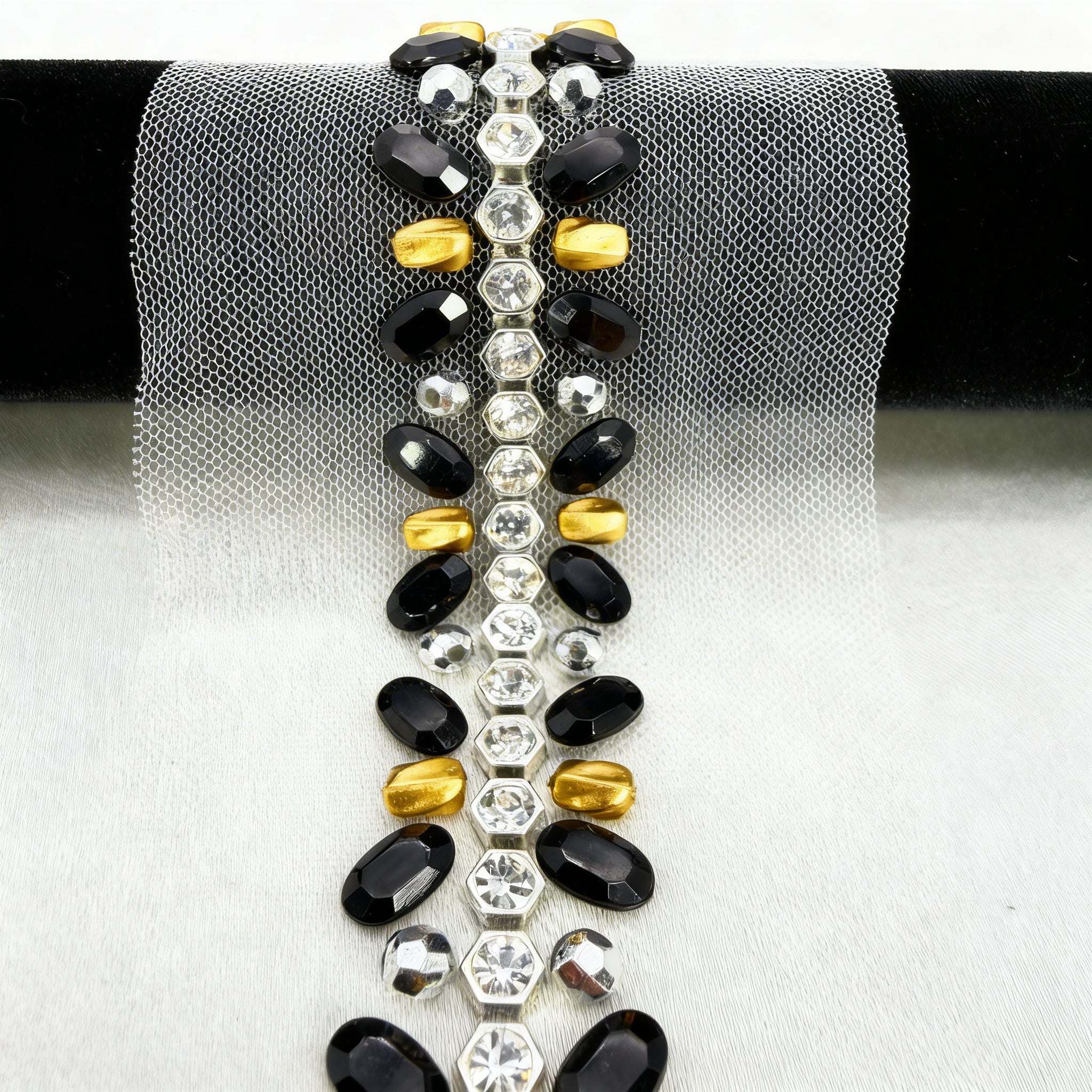 Black & Gold Beaded Trim, Rhinestone Pearl Embellishment, Sew-On or Adhesive Trim by the Yard, Luxury Fashion Trim, DIY Clothing Decor